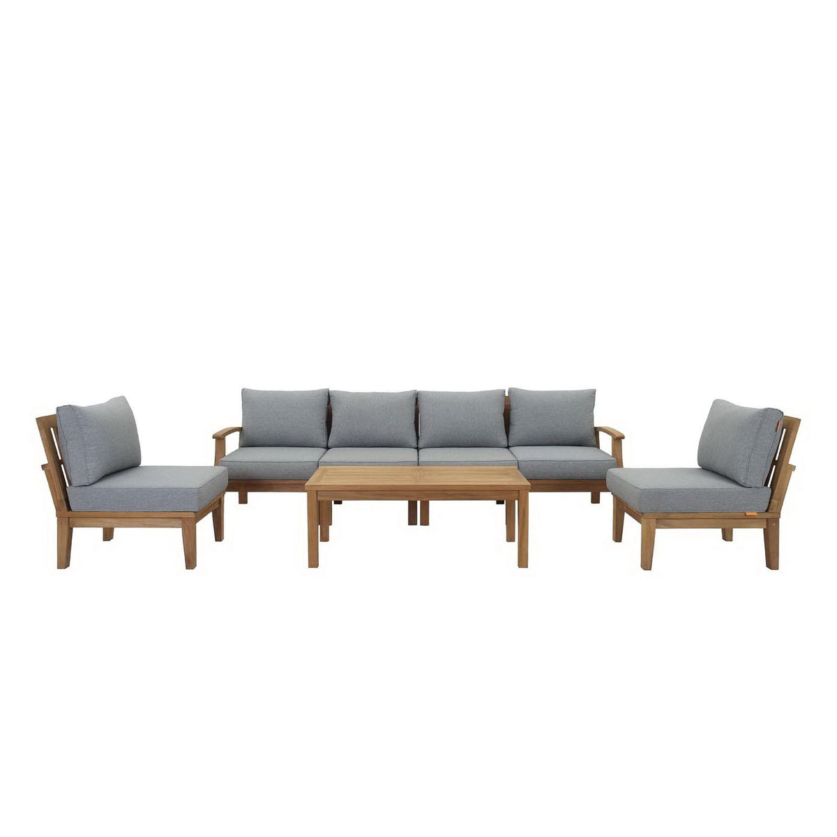 Marina 7-Piece teak outdoor patio set with gray cushions including sofa and chairs on Tampa Home & Garden Store