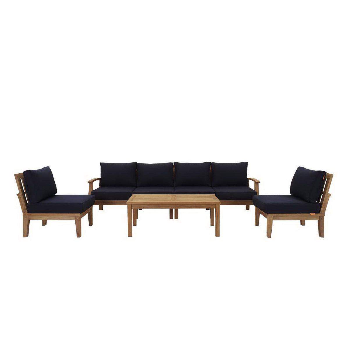 Marina 7 Piece Outdoor Patio Teak Set by Modway with navy cushions on teak frames on Tampa Home & Garden Store
