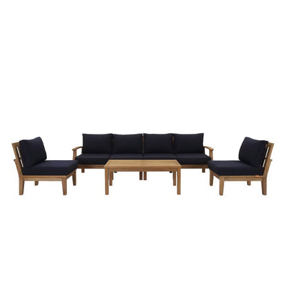Marina 7 Piece Outdoor Patio Teak Set by Modway with navy cushions on teak frames on Tampa Home & Garden Store