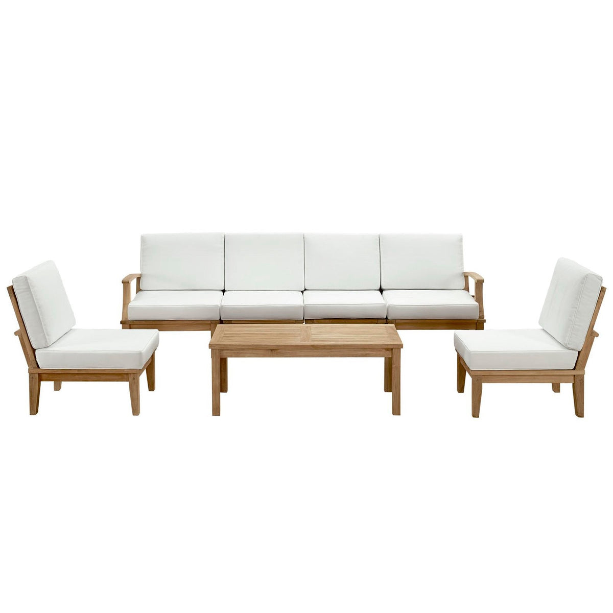 Marina 7 Piece Outdoor Teak Set by Modway with white cushions and teak frame; sofa and chairs on Tampa Home & Garden Store