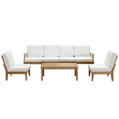 Marina 7 Piece Outdoor Teak Set by Modway with white cushions and teak frame; sofa and chairs on Tampa Home & Garden Store