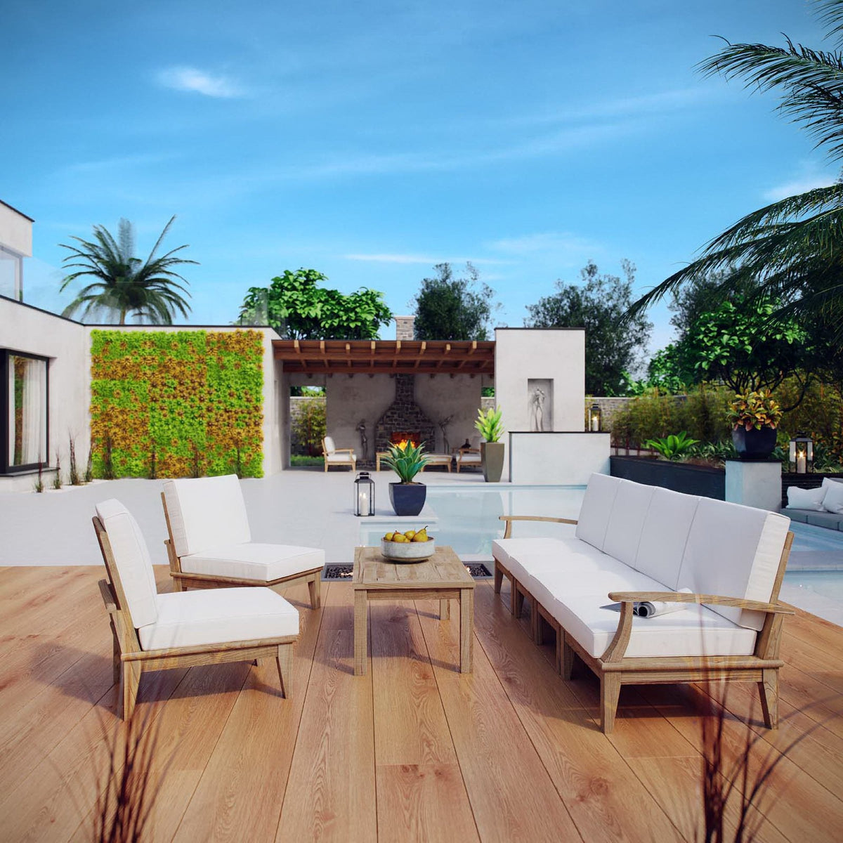 Marina 7-Piece outdoor teak sofa set by Modway with white cushions and teak coffee table on Tampa Home & Garden Store