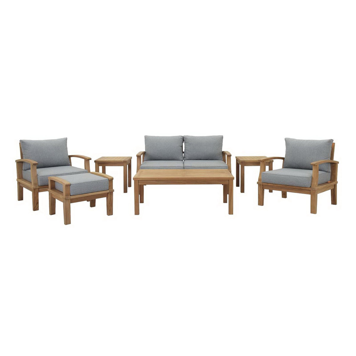 Marina 7 Piece Teak Set with gray cushions; teak sofa and chairs with side tables on Tampa Home & Garden Store