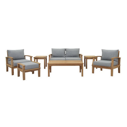 Marina 7 Piece Teak Set with gray cushions; teak sofa and chairs with side tables on Tampa Home & Garden Store
