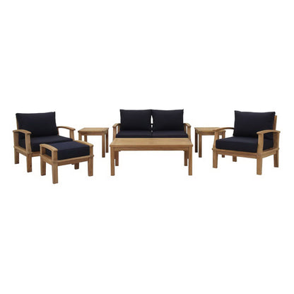 Marina 7 Piece Outdoor Teak Set by Modway with navy cushions, teak frames, coffee table on Tampa Home & Garden Store