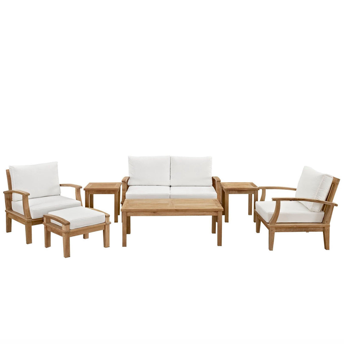 Marina 7-piece teak outdoor set with white cushions including sofa, two armchairs, and coffee table on Tampa Home & Garden Store