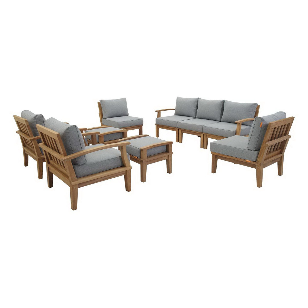 Marina 9-Piece Outdoor Teak Set with gray cushions, modular wooden seating by Modway on Tampa Home & Garden Store