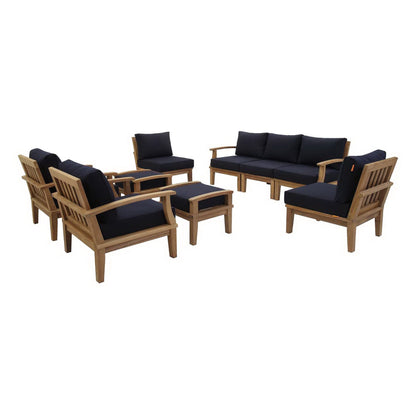 Marina 9 Piece Outdoor Teak Set by Modway with navy cushions, teak wood frames on Tampa Home & Garden Store