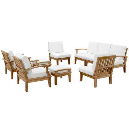 Marina 9-Piece Outdoor Teak Set with white cushions, natural wood frames on Tampa Home & Garden Store