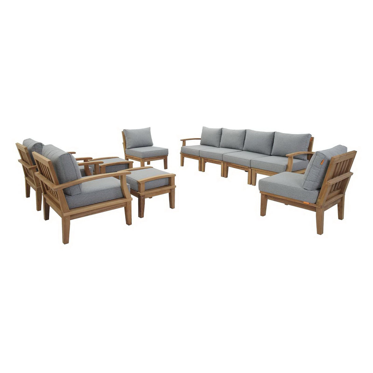 Marina 10-piece outdoor teak furniture set with gray cushions on Tampa Home & Garden Store