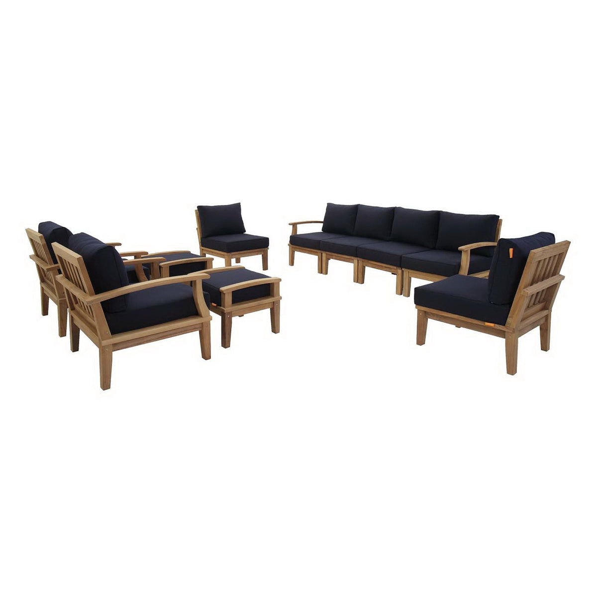 Marina 10-piece outdoor teak set with navy cushions on Tampa Home & Garden Store
