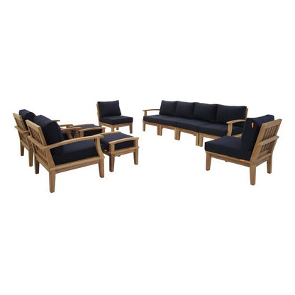 Marina 10-piece outdoor teak set with navy cushions on Tampa Home & Garden Store