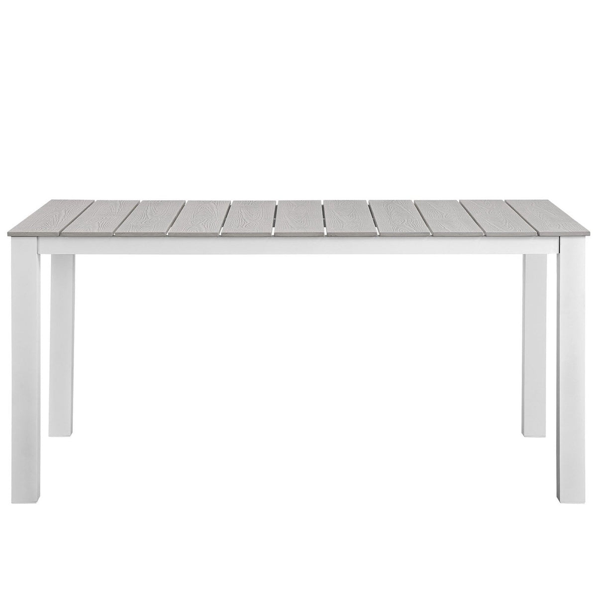 Maine 63in outdoor dining table with white frame and gray wood-slatted top by Modway on Tampa Home & Garden Store