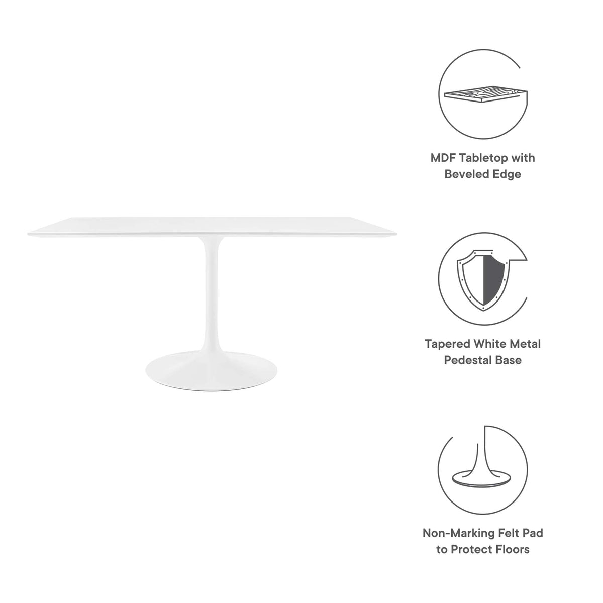 Lippa 60in rectangular MDF beveled-edge dining table with tapered white metal pedestal base on Tampa Home & Garden Store