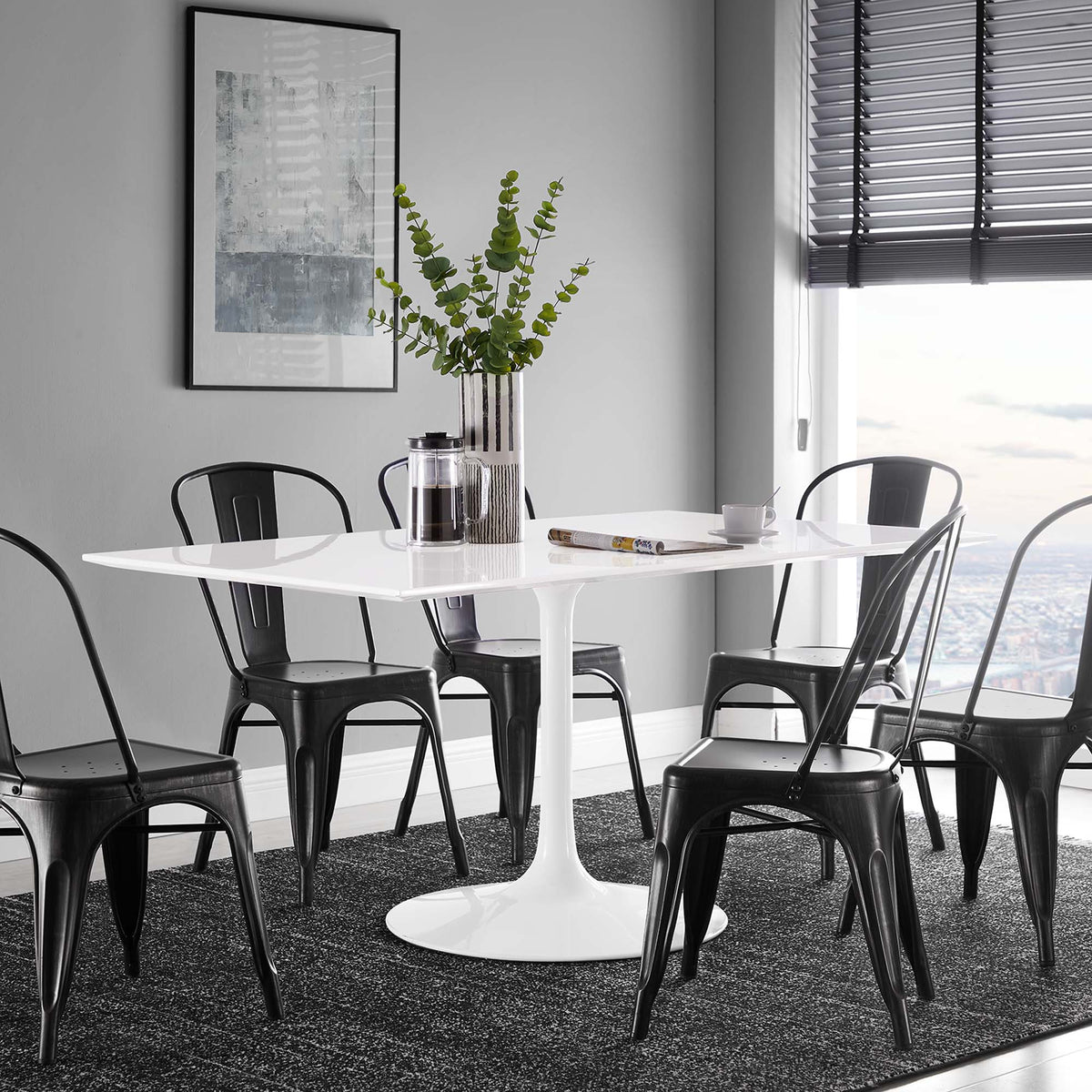 Lippa 60in rectangle dining table by Modway with white top and several black metal chairs on Tampa Home & Garden Store