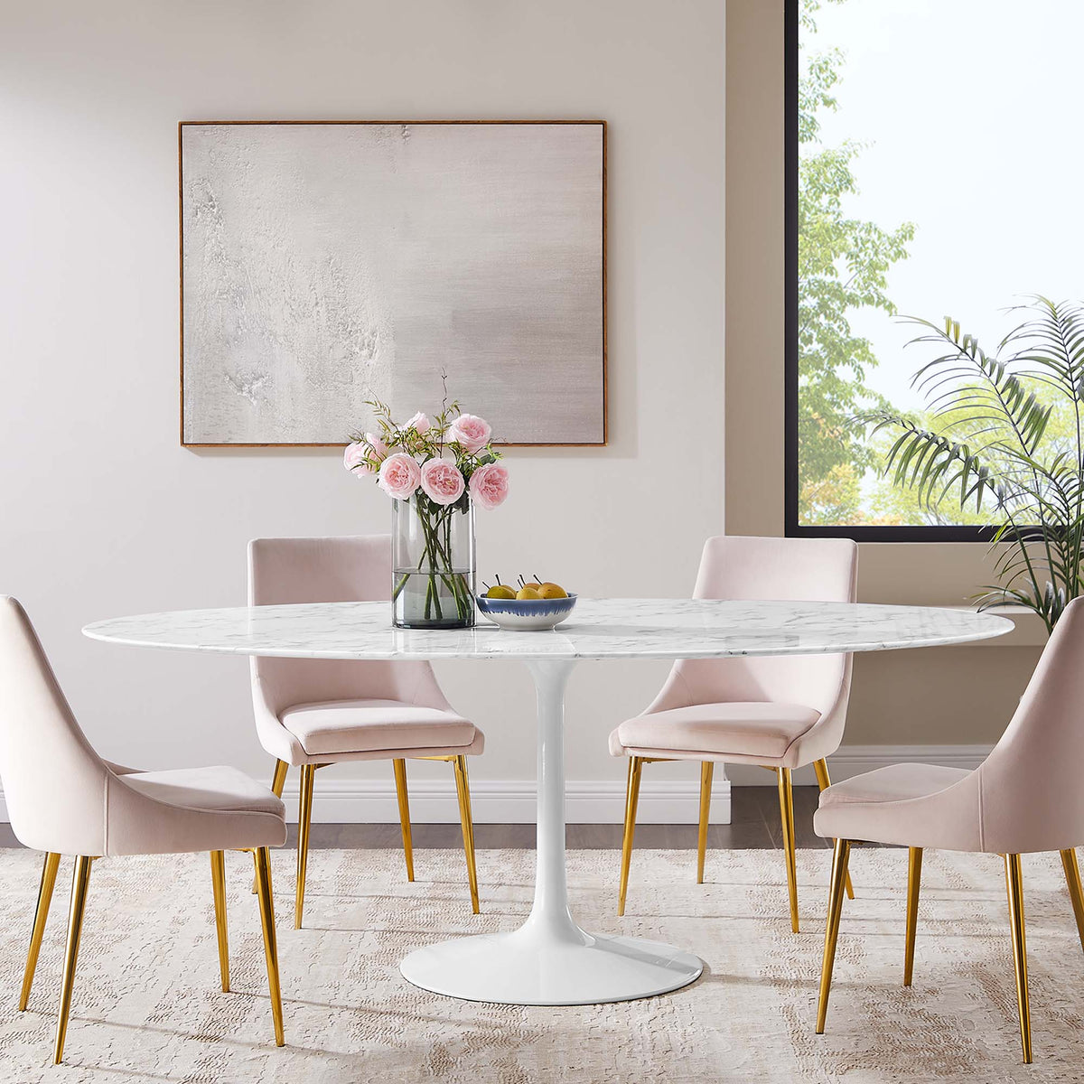Lippa oval faux marble dining table with six blush pink chairs and gold legs on Tampa Home & Garden Store