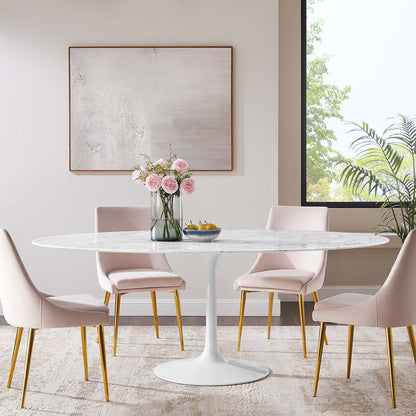 Lippa oval faux marble dining table with six blush pink chairs and gold legs on Tampa Home & Garden Store