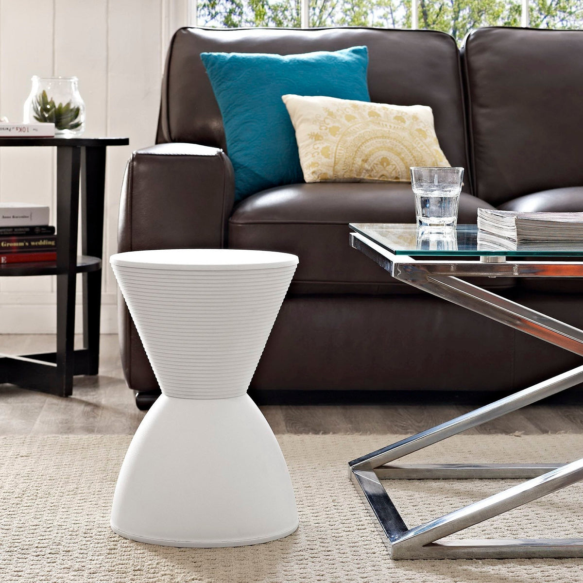 Haste Backless Stool by Modway white stool beside glass table in a modern living room on Tampa Home & Garden Store