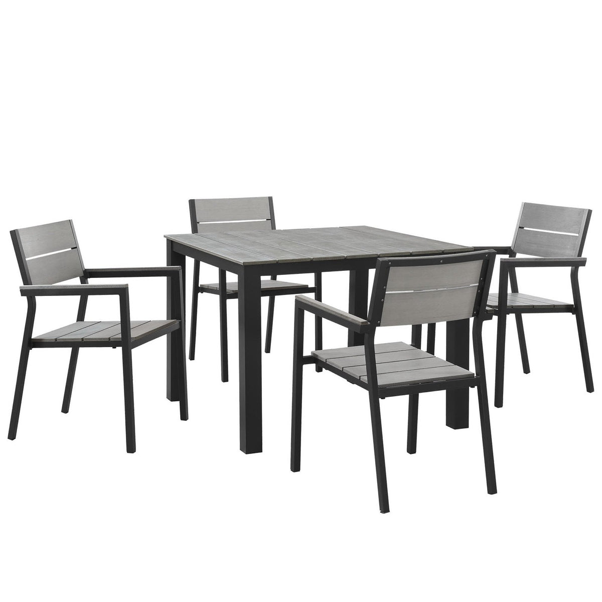 Maine 5 Piece Outdoor Patio Dining Set by Modway, gray slatted table and chairs on metal frames on Tampa Home & Garden Store