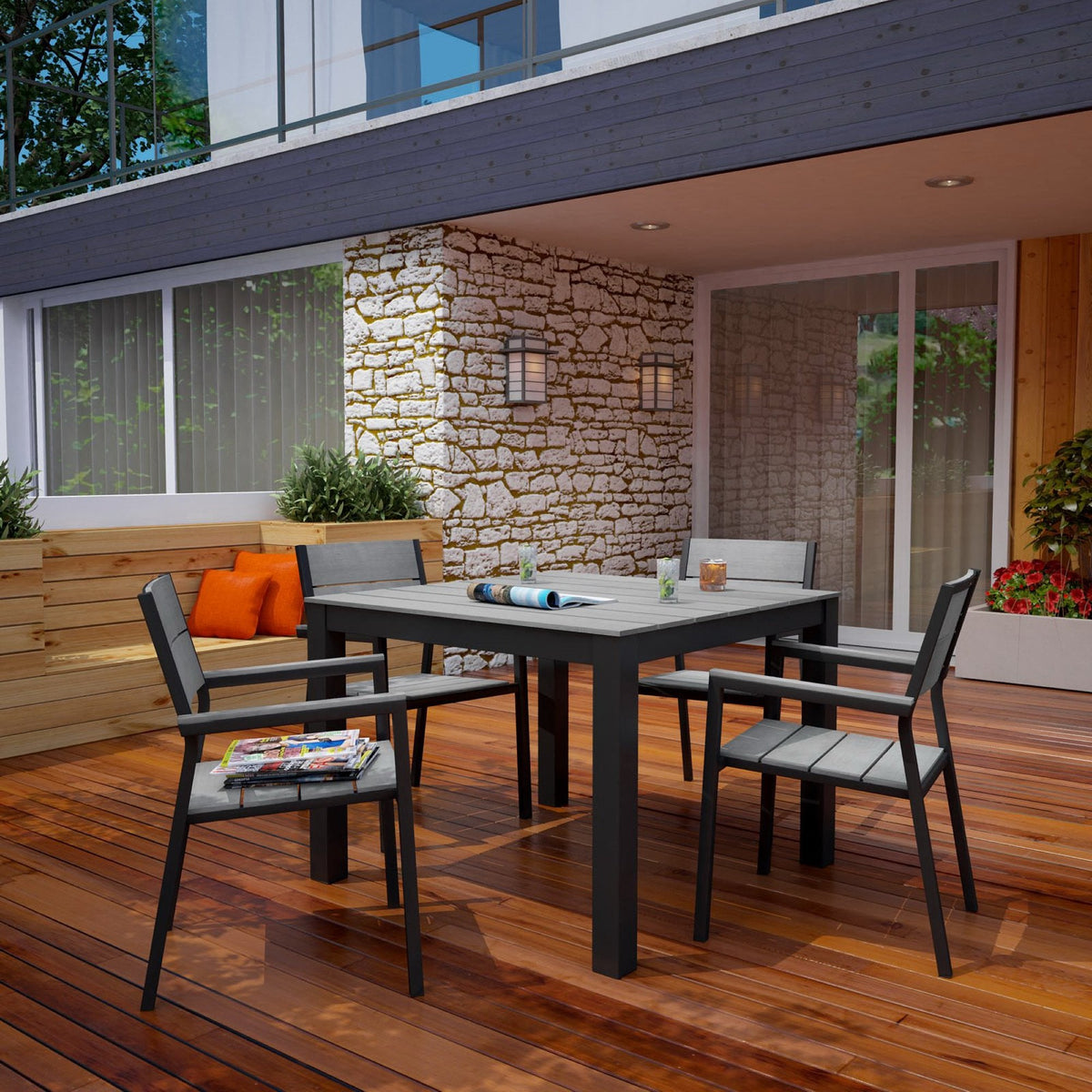 Maine 5-Piece Outdoor Patio Dining Set by Modway with black frames and gray table tops on Tampa Home & Garden Store