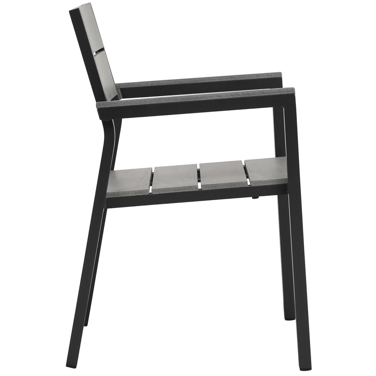 Maine 5 Piece Outdoor Patio Dining Set by Modway, black metal frame with gray slats, side view on Tampa Home & Garden Store
