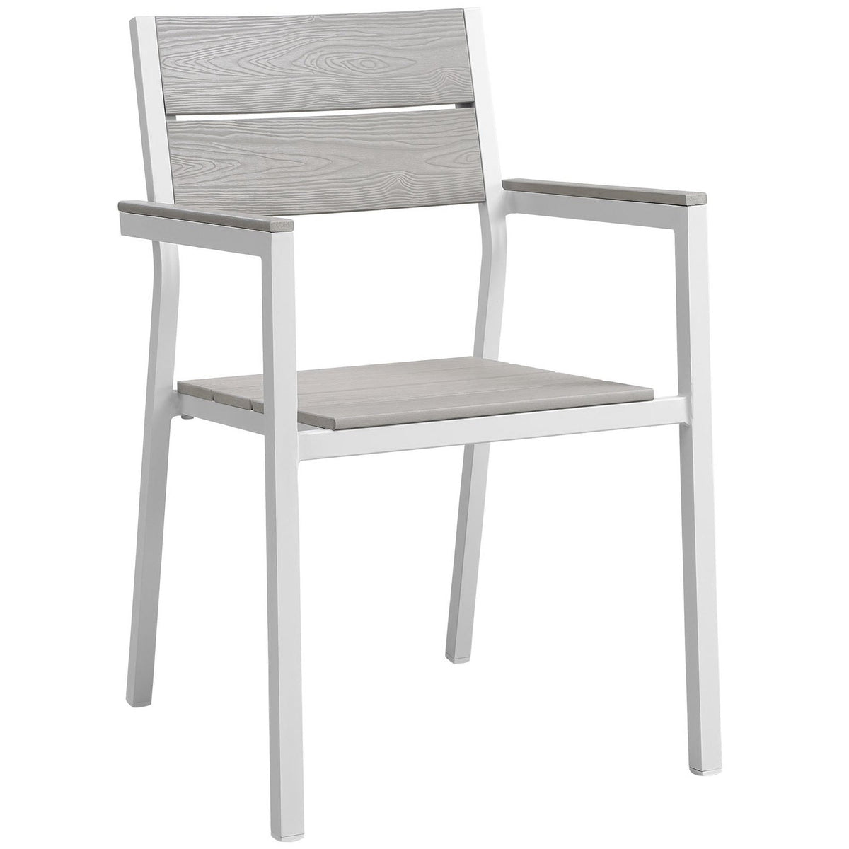 Maine 5 Piece Outdoor Patio Dining Set chair in white frame with gray woodgrain back and seat on Tampa Home & Garden Store