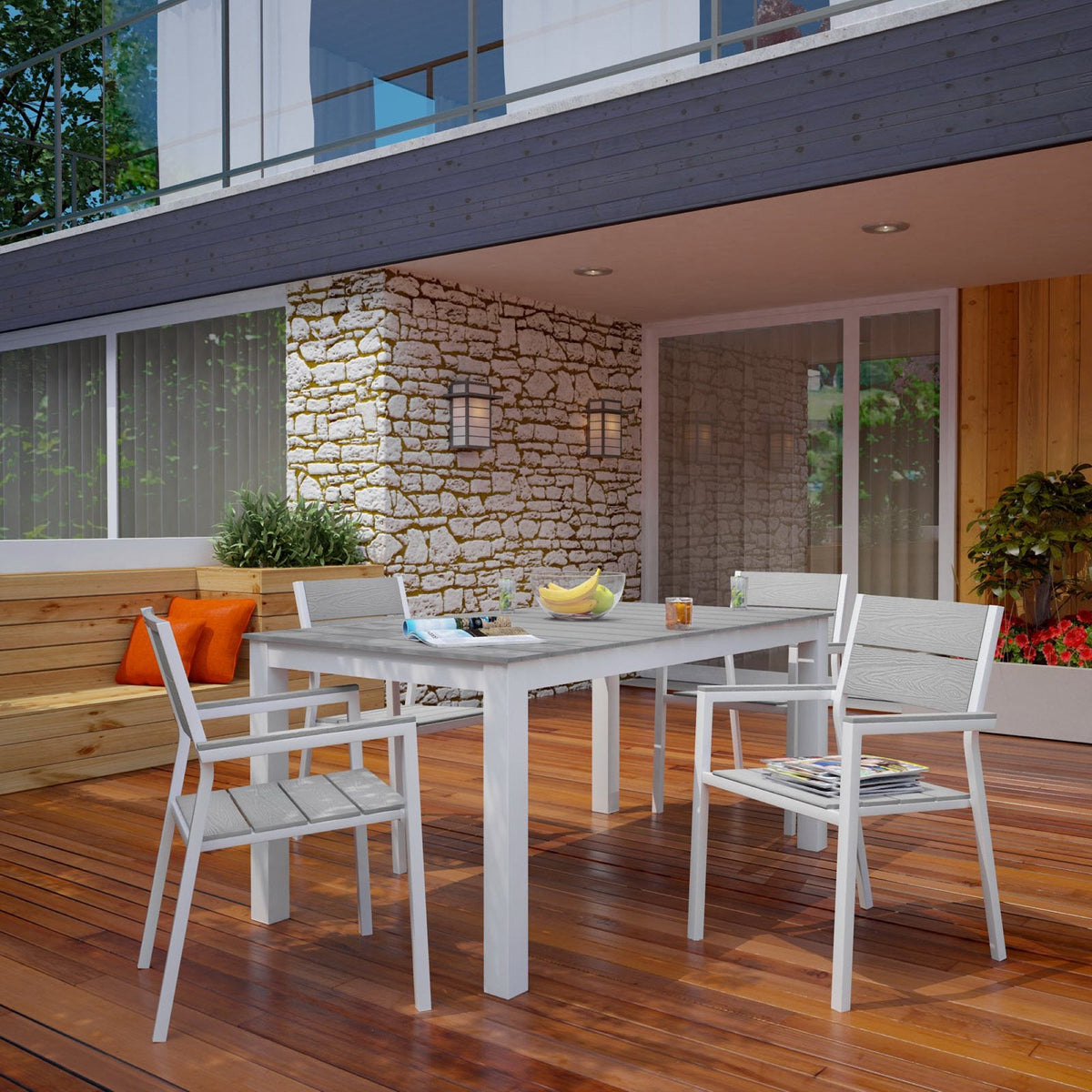 Maine 5 Piece Outdoor Patio Dining Set by Modway, white table with light gray chairs on Tampa Home & Garden Store