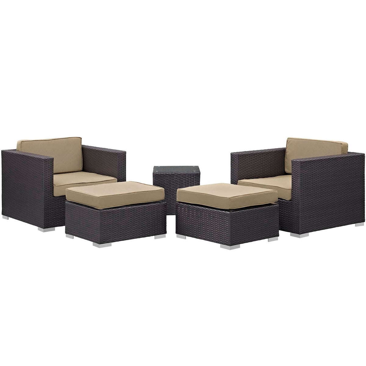 Convene 5 Piece Outdoor Patio Sectional Set by Modway in dark brown wicker with tan cushions on Tampa Home & Garden Store