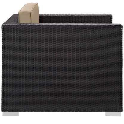 Convene 5 Piece Outdoor Patio Sectional Set dark brown wicker with beige cushions on Tampa Home & Garden Store