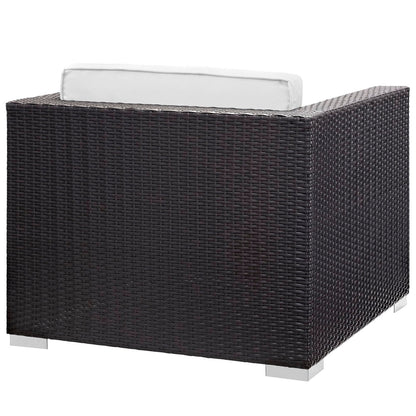 Convene 5 Piece Outdoor Patio Sectional Set in dark brown woven rattan with white cushions on Tampa Home & Garden Store