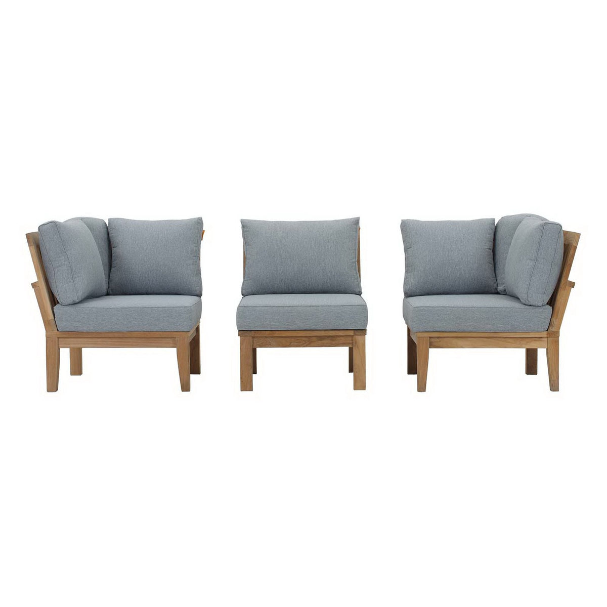 Marina 3-piece outdoor teak set with light gray cushions, teak-frame chairs by Modway on Tampa Home & Garden Store