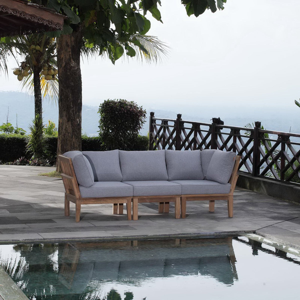 Marina 3 Piece Outdoor Teak Sofa Set with light gray cushions on poolside patio, teak frame on Tampa Home & Garden Store