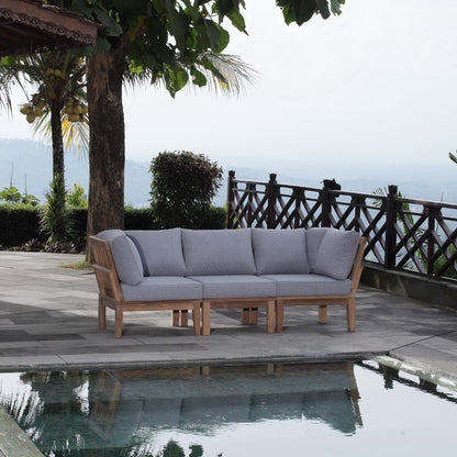 Marina 3 Piece Outdoor Teak Sofa Set with light gray cushions on poolside patio, teak frame on Tampa Home & Garden Store