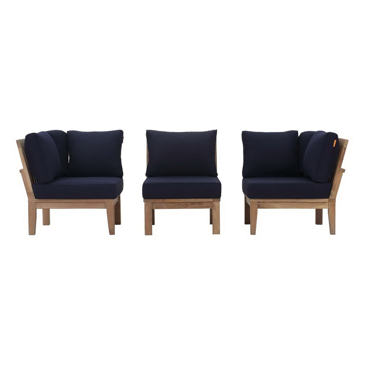 Marina 3-piece outdoor teak sofa set with navy cushions and natural wood frames on Tampa Home & Garden Store