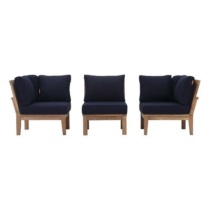 Marina 3-piece outdoor teak sofa set with navy cushions and natural wood frames on Tampa Home & Garden Store