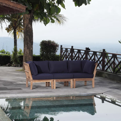 Marina 3-Piece outdoor teak sofa set by Modway with navy cushions on a stone patio on Tampa Home & Garden Store