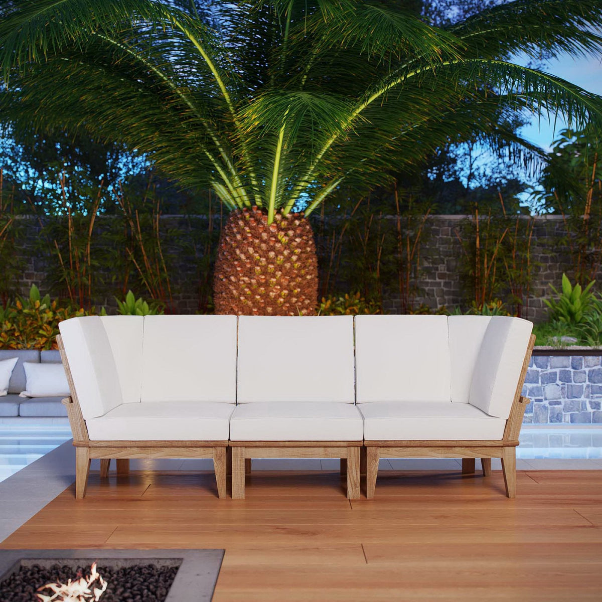 Marina 3-Piece Outdoor Teak Set with white cushions on Tampa Home & Garden Store