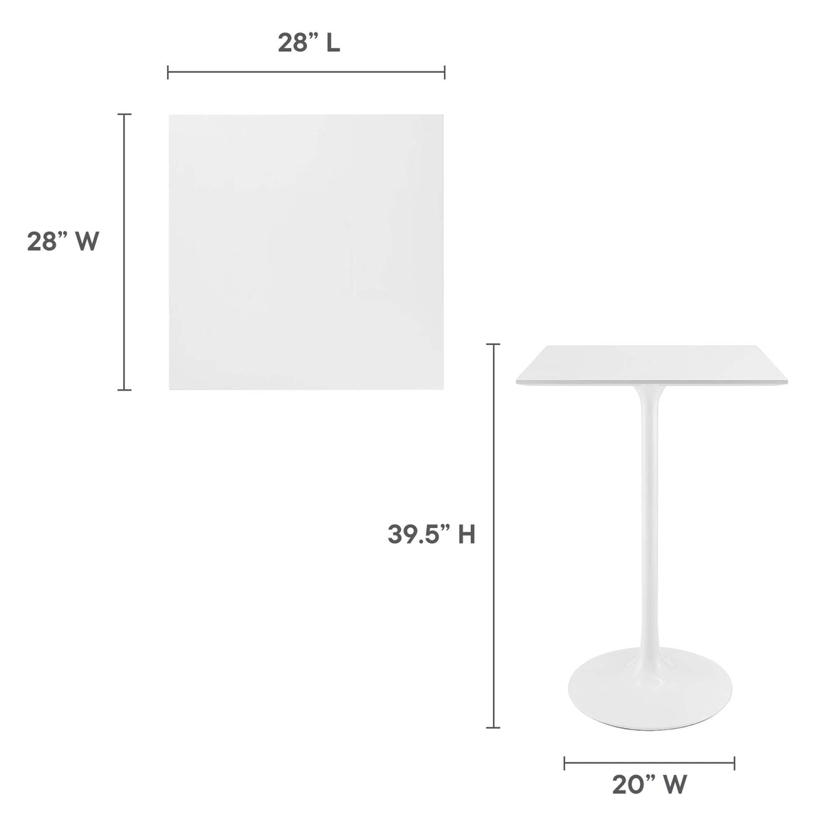 Lippa Square Wood Bar Table white 28x28 top with pedestal base, 39.5 in height on Tampa Home & Garden Store