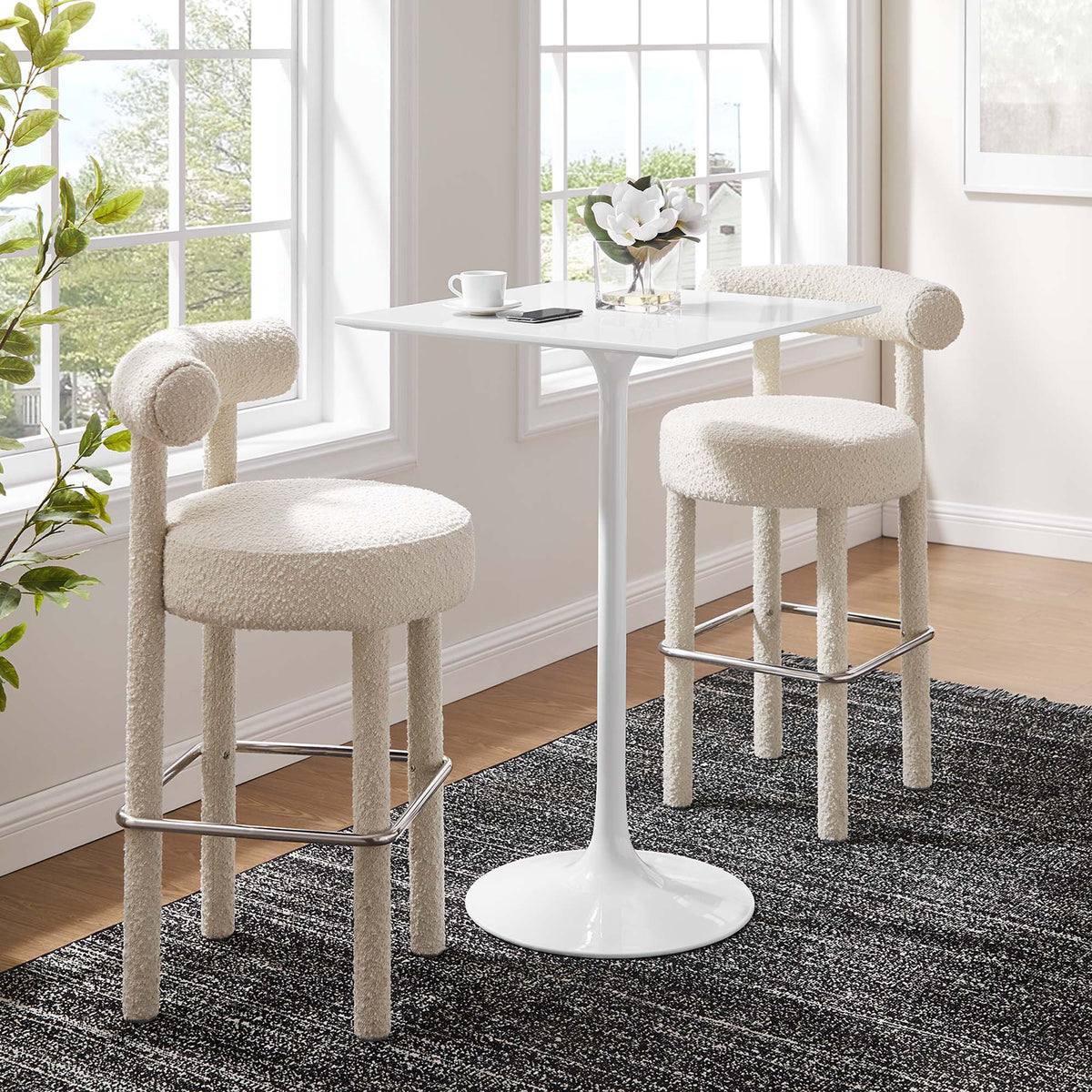 Lippa Square Wood Bar Table with white lacquer top and white boucle stools on Tampa Home & Garden Store