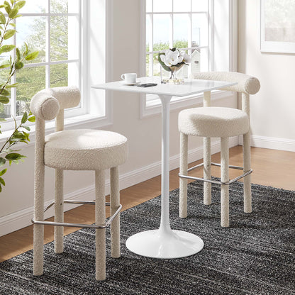 Lippa Square Wood Bar Table with white lacquer top and white boucle stools on Tampa Home & Garden Store