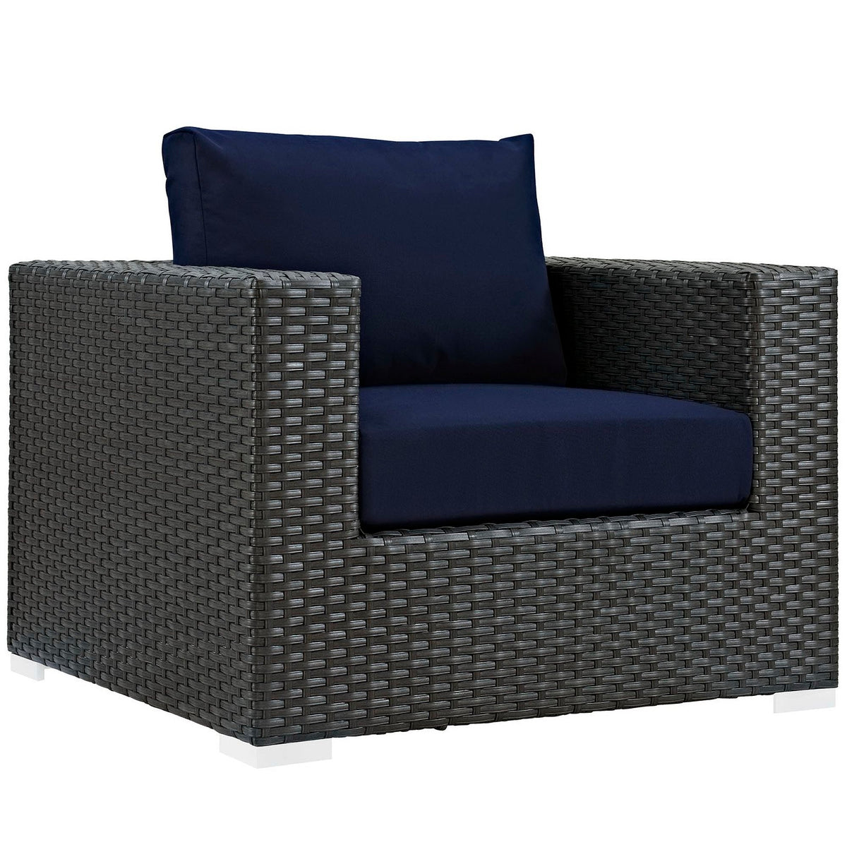 Sojourn outdoor Sunbrella armchair with dark wicker frame and navy cushions by Modway on Tampa Home & Garden Store