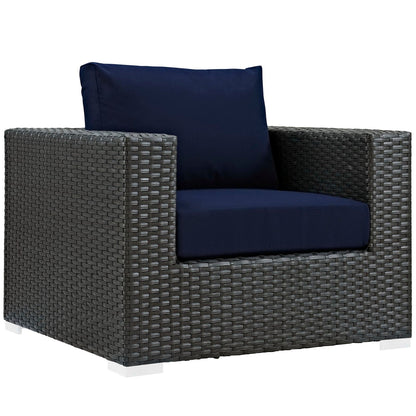 Sojourn outdoor Sunbrella armchair with dark wicker frame and navy cushions by Modway on Tampa Home & Garden Store