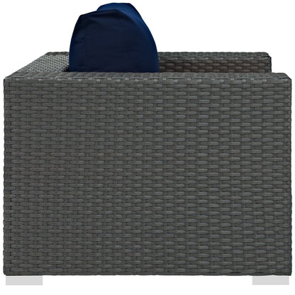 Sojourn Outdoor Patio Sunbrella Armchair by Modway, dark gray woven wicker with navy cushion on Tampa Home & Garden Store