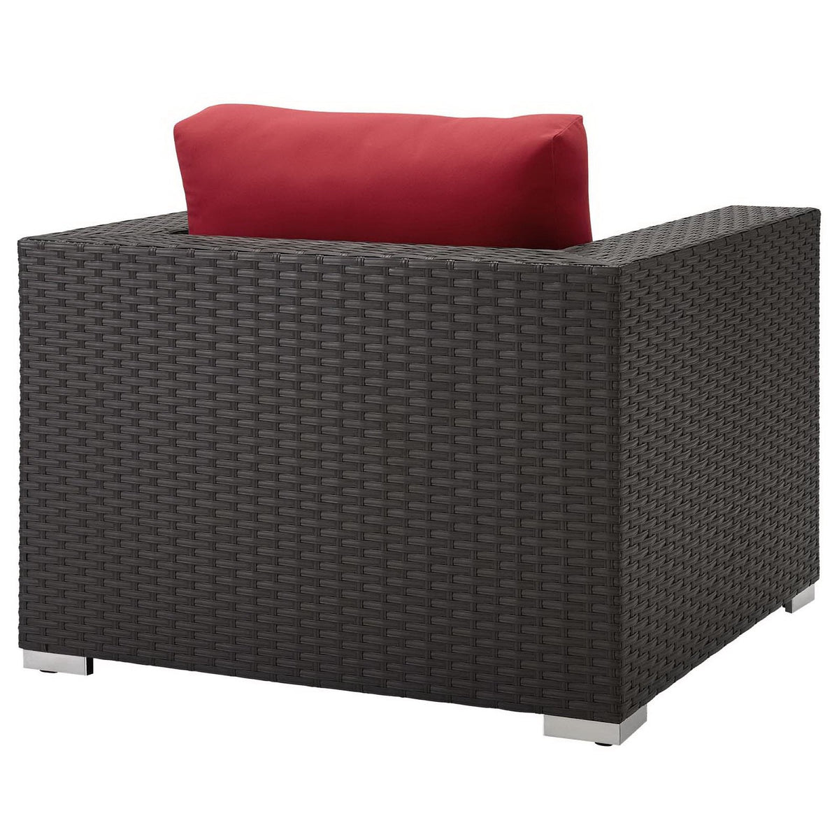 Sojourn outdoor Sunbrella armchair with dark brown wicker frame and red cushion on Tampa Home & Garden Store