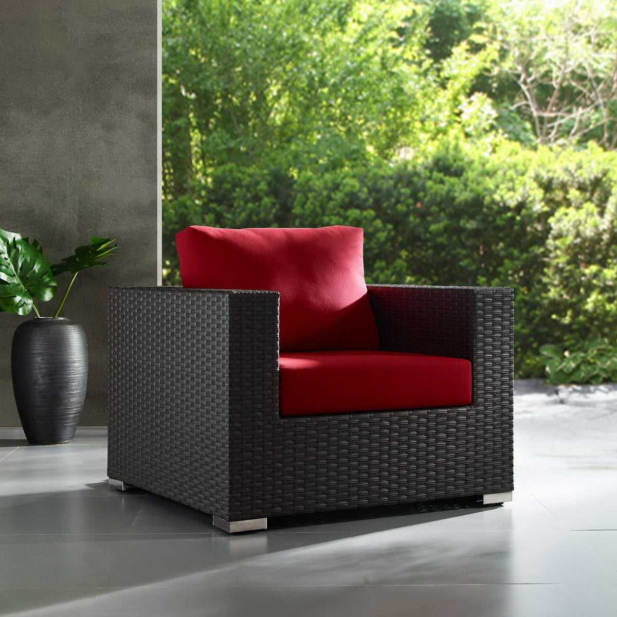 Sojourn Outdoor Patio Sunbrella Armchair by Modway in charcoal wicker with red cushions on Tampa Home & Garden Store