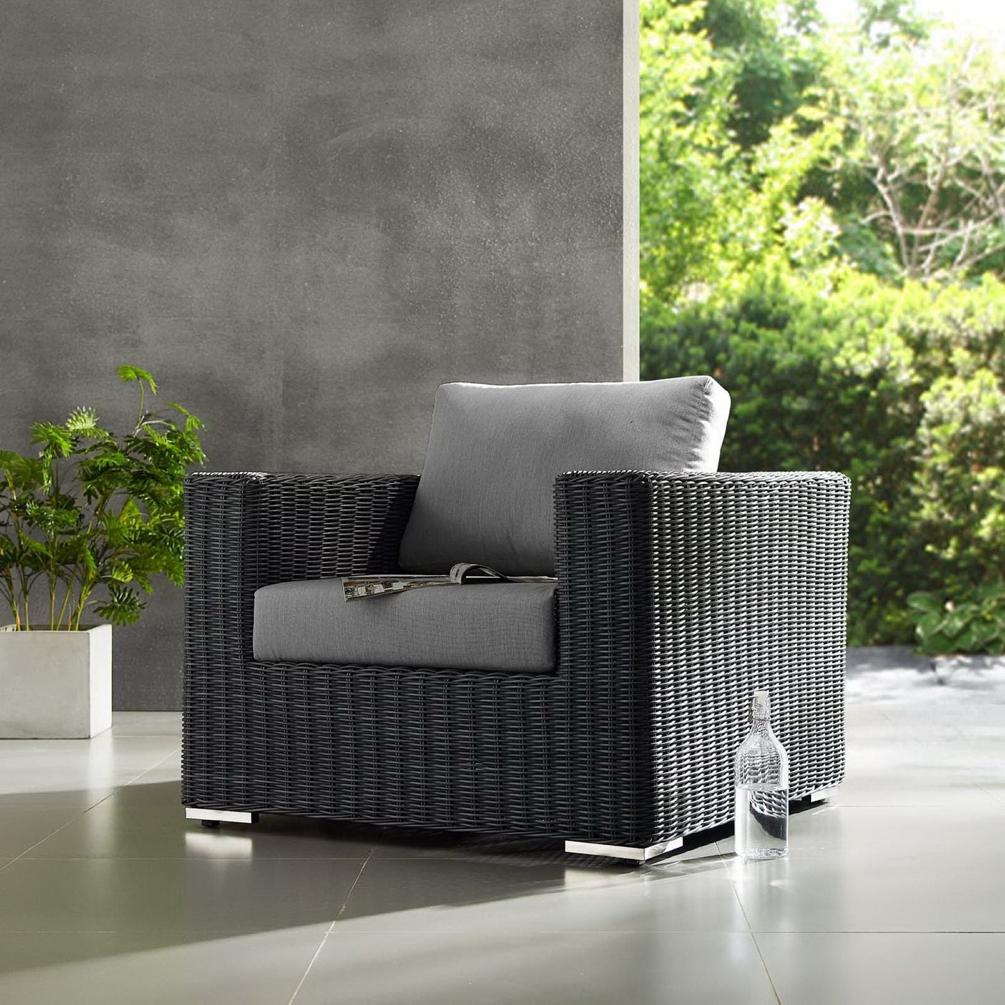 Summon Outdoor Patio Sunbrella Armchair by Modway, gray wicker with cushions, on Tampa Home & Garden Store
