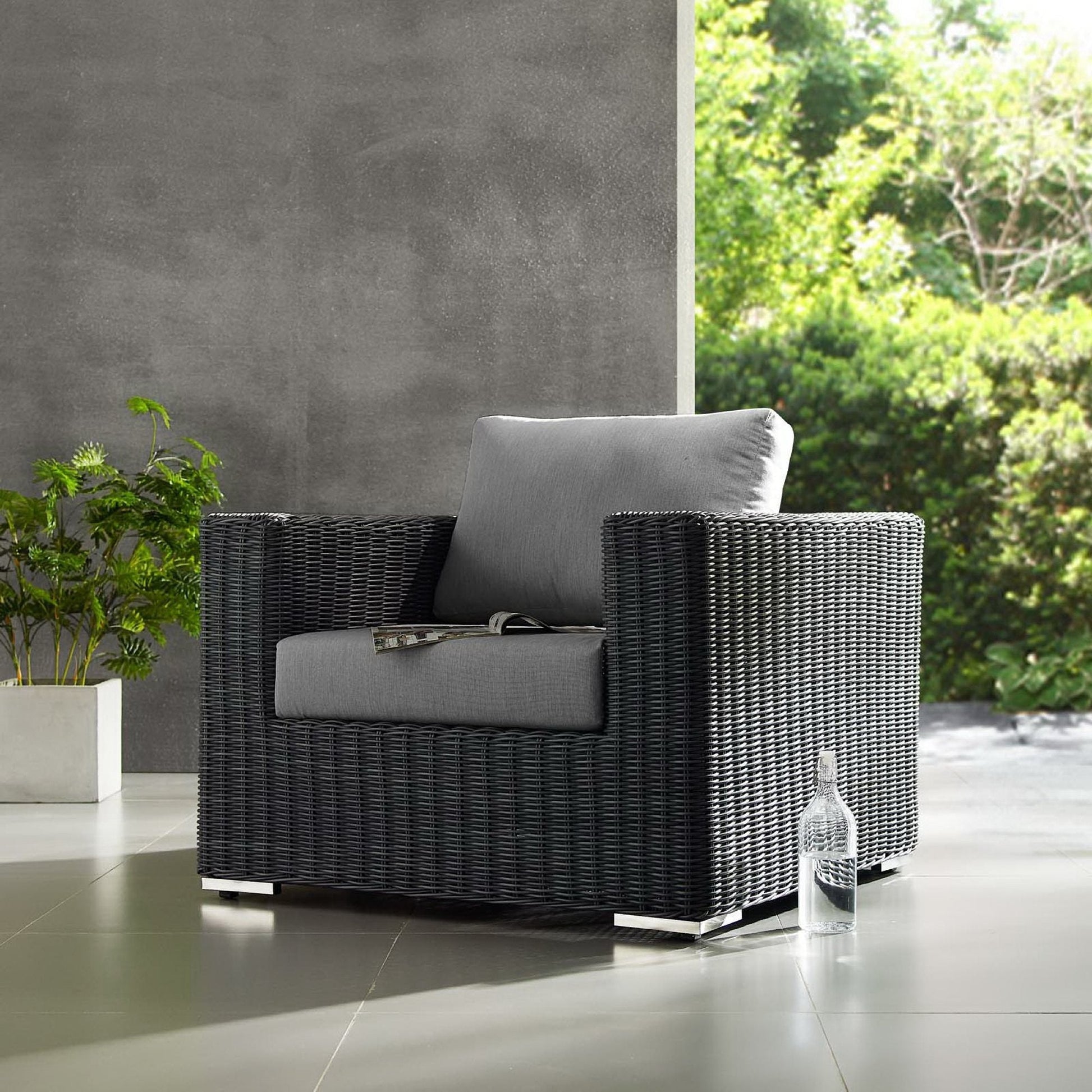 Summon Outdoor Patio Sunbrella Armchair by Modway, gray wicker with cushions, on Tampa Home & Garden Store