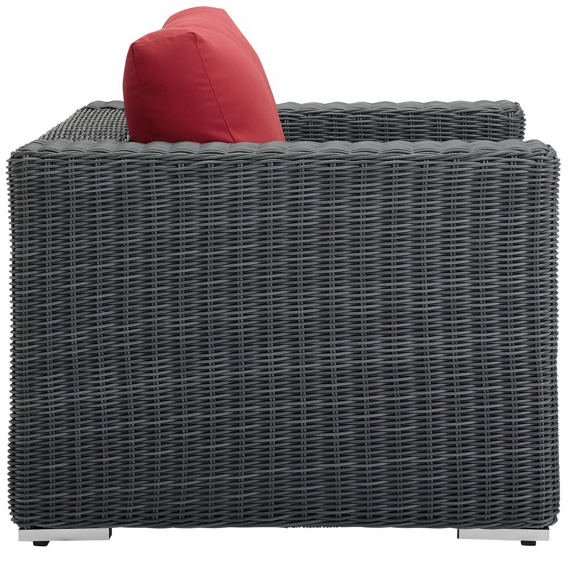 Summon outdoor patio armchair Sunbrella red cushion in gray wicker by HouseOfZazla on Tampa Home & Garden Store