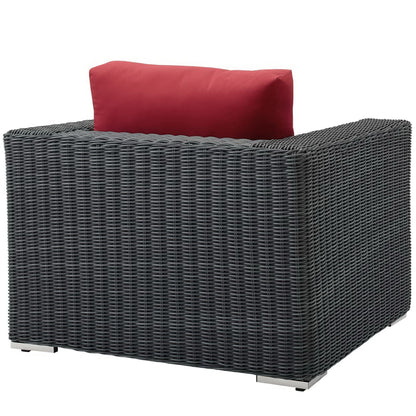 Summon Sunbrella armchair with red cushion and dark gray wicker frame by HouseOfZazla on Tampa Home & Garden Store