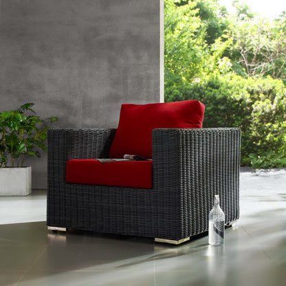 Summon outdoor patio Sunbrella armchair Modway, dark gray wicker with red cushions on Tampa Home & Garden Store